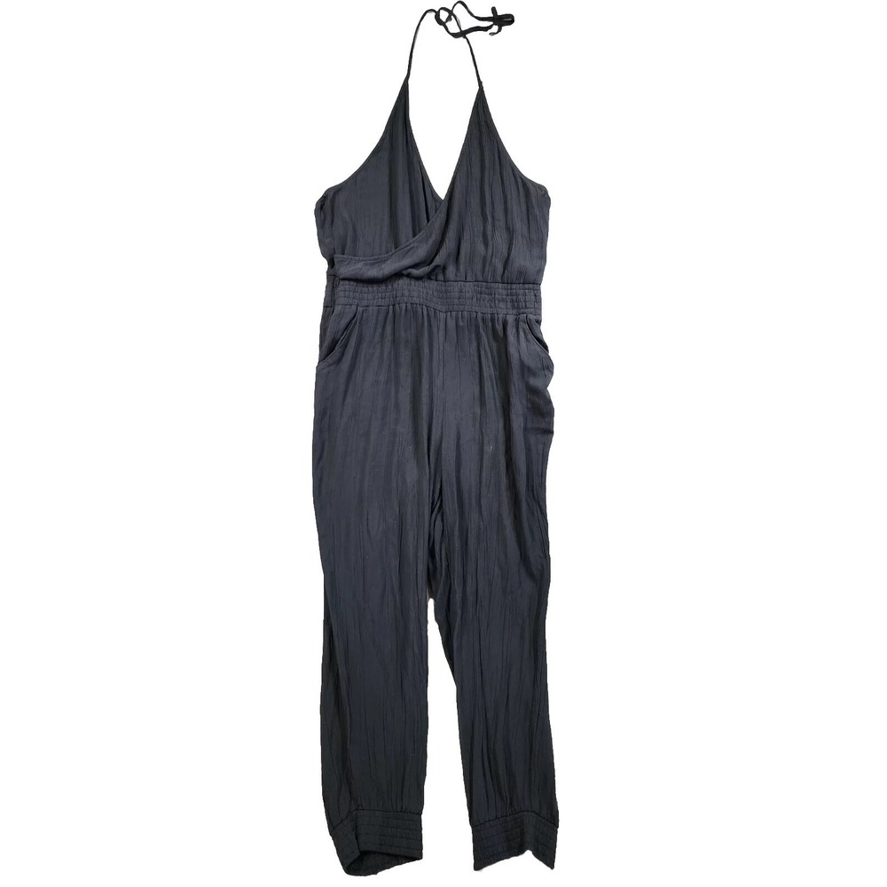 Prana Jumpsuit Womens XL Black Halter Neck Crinkle Tencel Modal Sleeveless